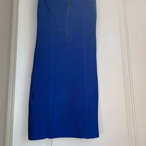 Blue strapless Bebe dress, size small, great condition.